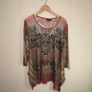 Cal Style Tunic Floral Stretch Lace Neckline Beaded Boho Burnout